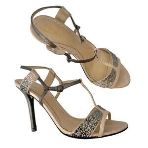 Fendi Jewel Embellished T-Strap Leather Sandal Heels Gray Nude IT 38.5 / US 8.5